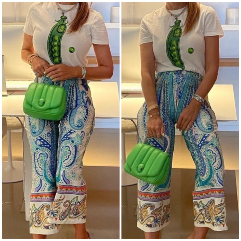 Zara White Tee with Green Graphic & Blue Paisley Wide-Leg Pants